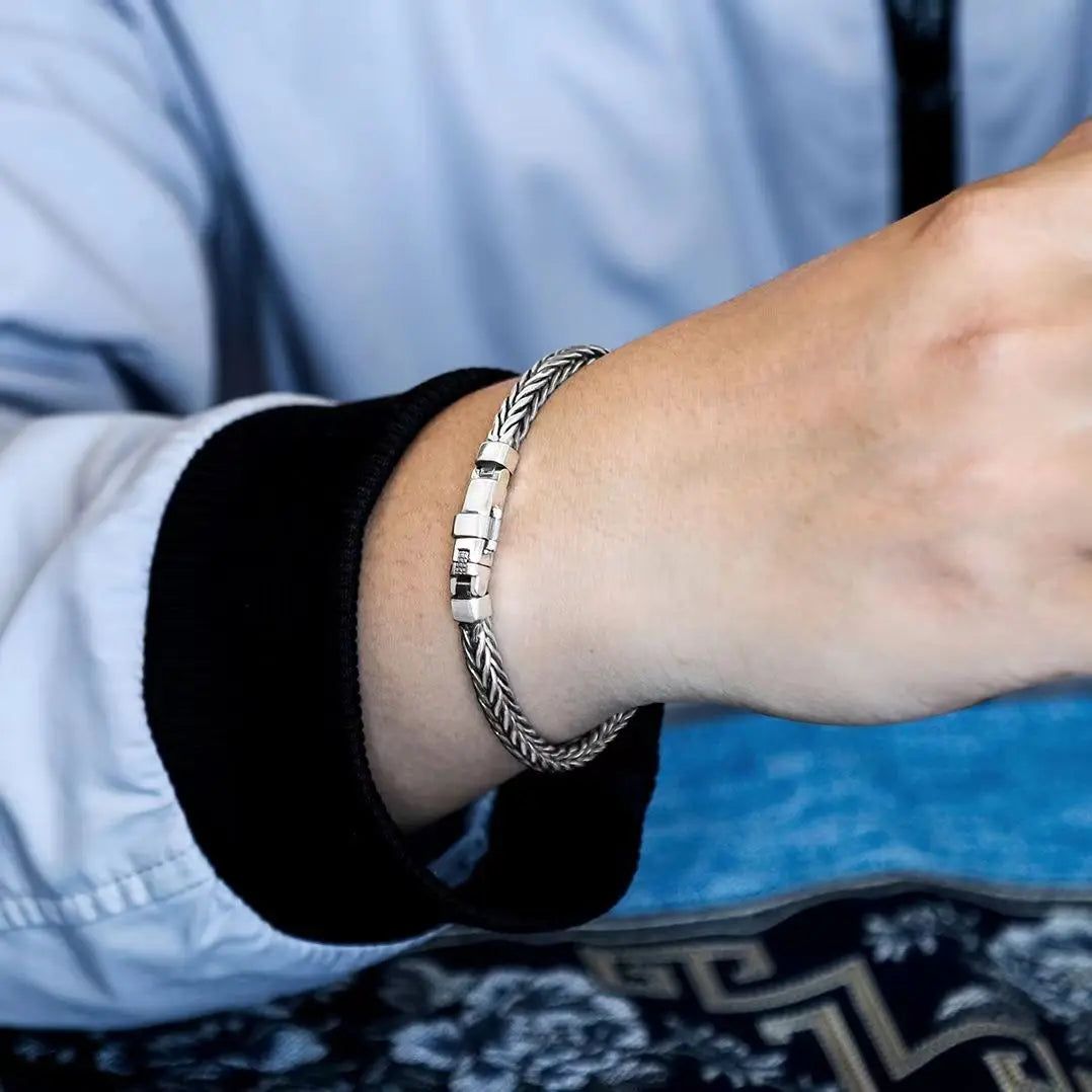 100% S925 Sterling Silver Handmade Woven Retro Domineering Style Personality Keel Man Woman Pure S925 Silver Bracelet Jewelry - AMULET RING STORE