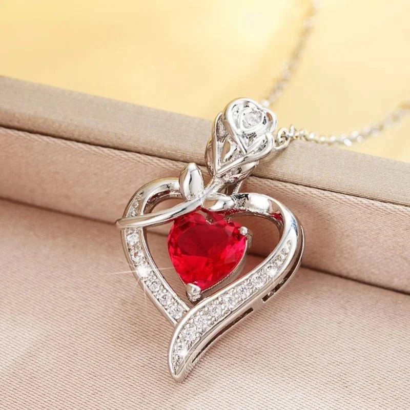 CAOSHI Gorgeous Rose Pendant Necklace for Women Shining Red Heart Zirconia Accessory Fashionable Ｂirthday Ｗedding Jewelry Gifts - AMULET RING STORE