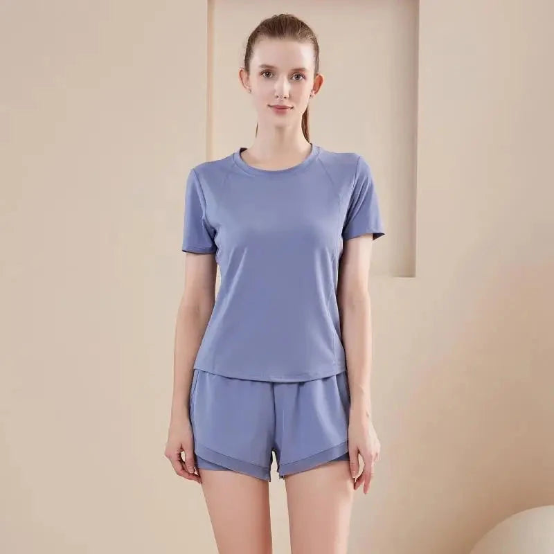 Yoga Set Women Sport T-Shirt Back Mesh Design High Waist Shorts Quick Dry Run Yoga Sports Short Sleeve Shorts Two-piece Yoga Set