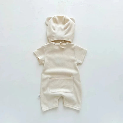 Cotton Romper Gift Hat with Ear New In Summer Kids Baby Girls Boys Short Sleeve Waffle Patch Bear Infant Newborn Jumpsuits - AMULET RING STORE