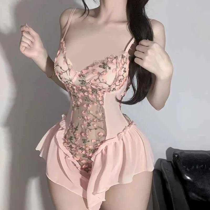Sexy Deep V Flower Vine Open Crotch Bodysuit Suspender Embroidery Ballet Nightdress Slim Gathered Mesh Bodycon
