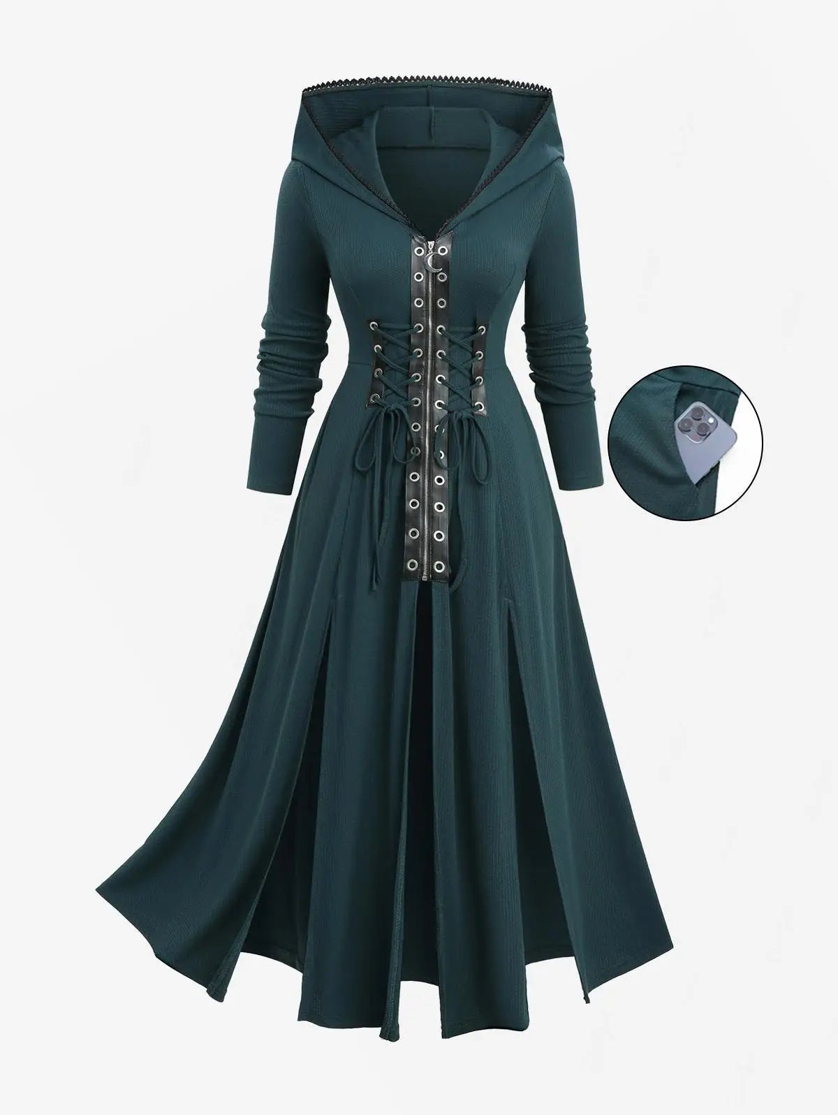 ROSEGAL Plus Size Lace-up Grommets Hooded Lace Trim Split Dress Women Autumn Winter Deep Green Long Sleeves Casual Dresses