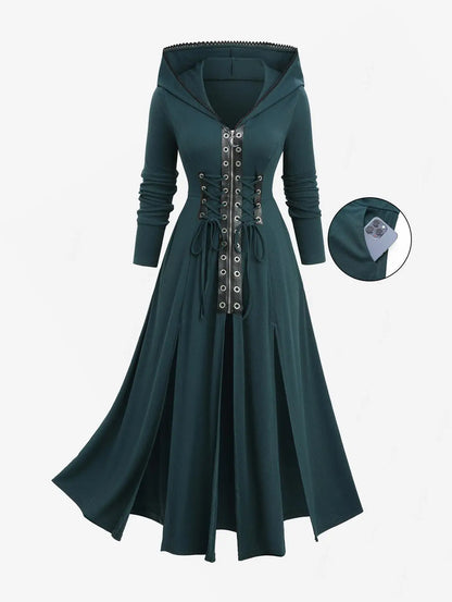 ROSEGAL Plus Size Lace-up Grommets Hooded Lace Trim Split Dress Women Autumn Winter Deep Green Long Sleeves Casual Dresses