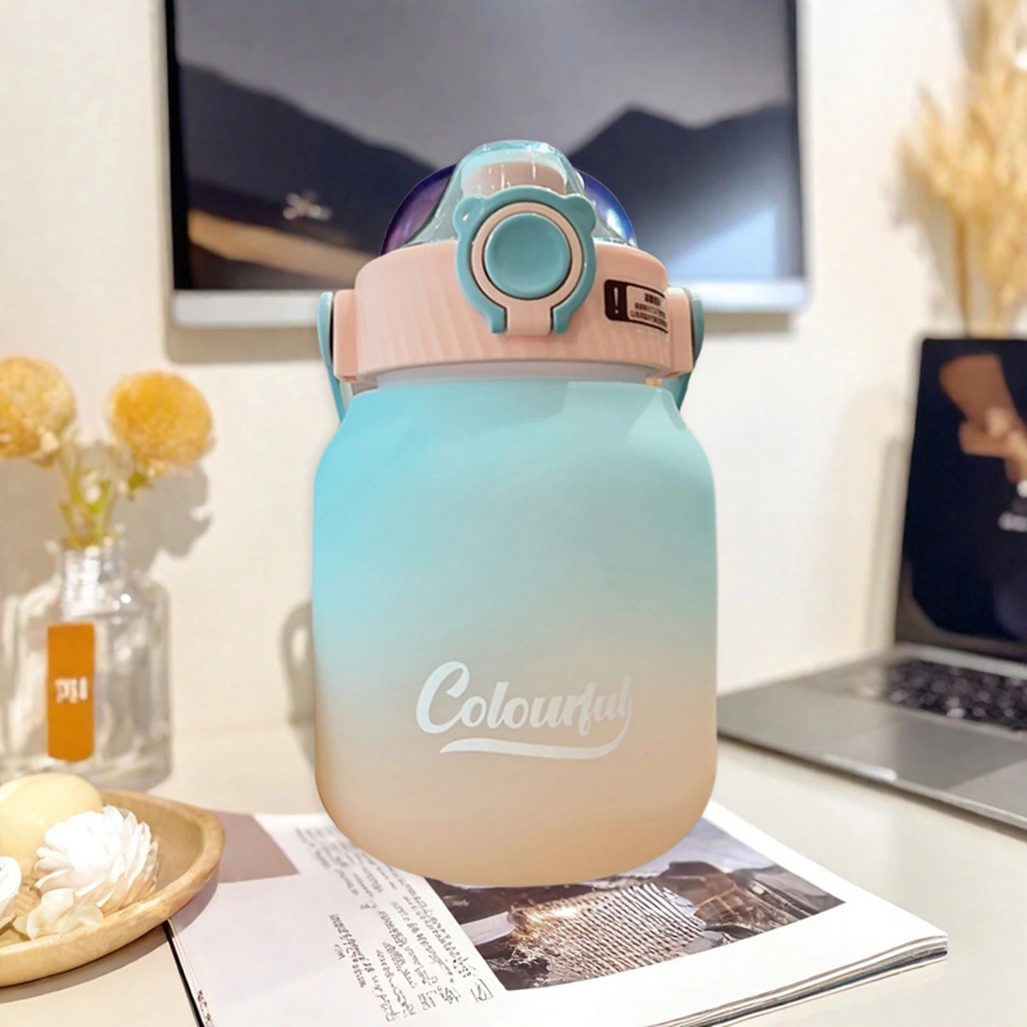 1000ml Gradient Color Water Bottle with Handle and Carry Strap for Women Men - Reusable Leakproof Plastic Cup - AMULET RING STORE