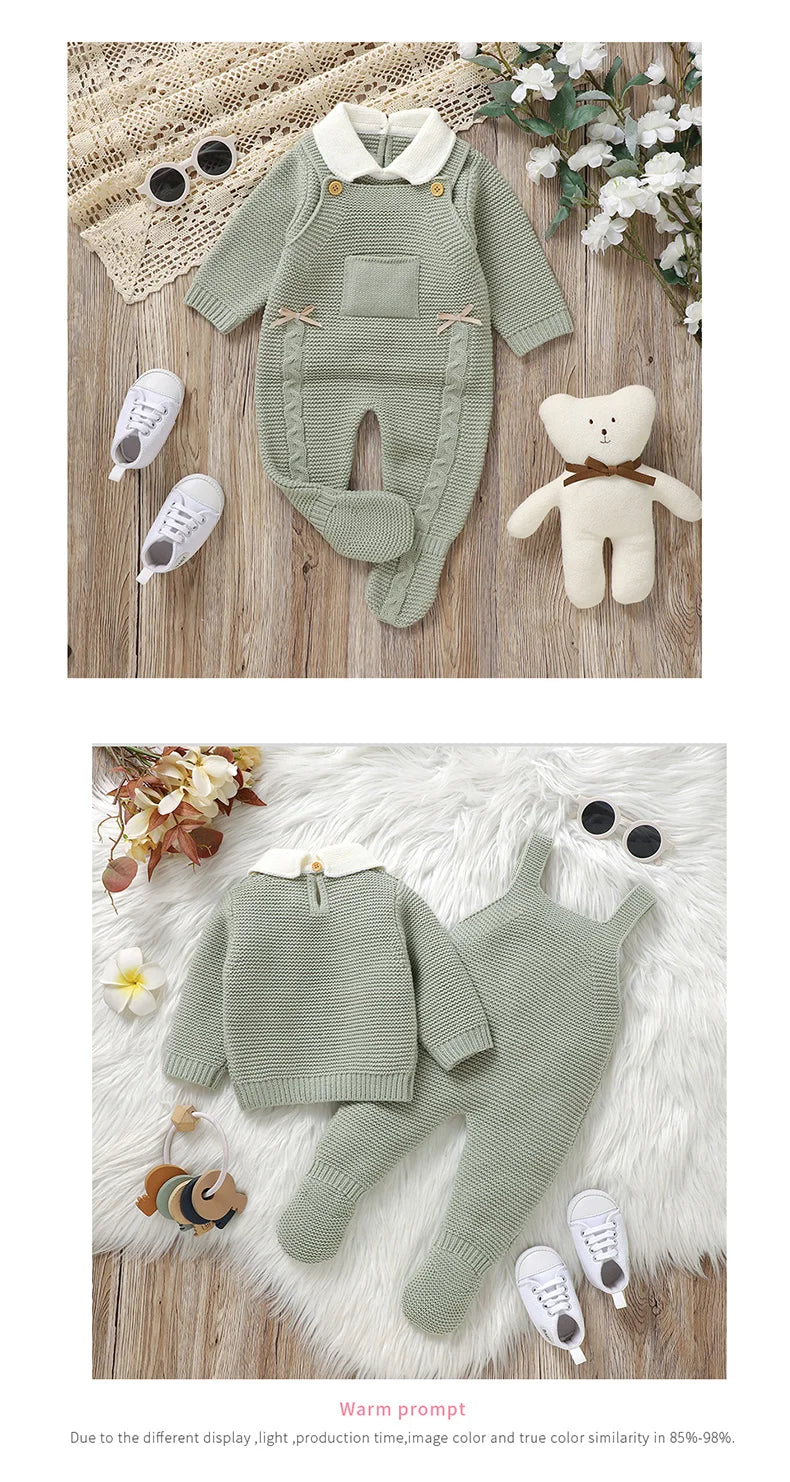 Autumn Baby Clothes Sets Knit Infant Boy Girl Sweater Long Sleeve+Romper Sleeveless Newborn Kid Pullover+Jumpsuit Foot Wrap 0-9M - AMULET RING STORE