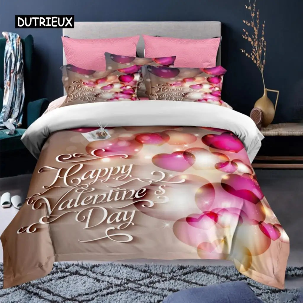 Valentine's Day Duvet Cover Set Red Rose I Love You Pattern King Size Couple Polyester Bedding Set Happy Romantic Quilt Cover