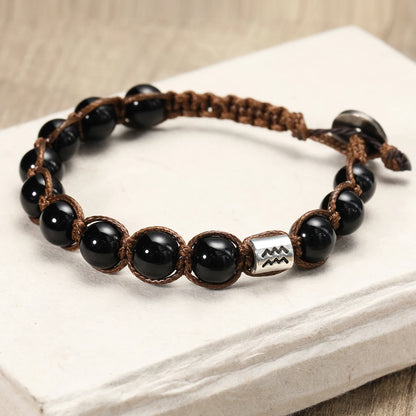 12 Zodiac Natural Stone Obsidian Hand-Woven Bracelets Cancer  Pisces Men's Bracelets Couples Friendship Jewelry pulseras hombre