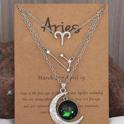 3 Pieces/Set Zodiac Retro Moon Glow Pendant Necklace Set with Birthstone Cards, Birthday Gift for Besties and BFFs