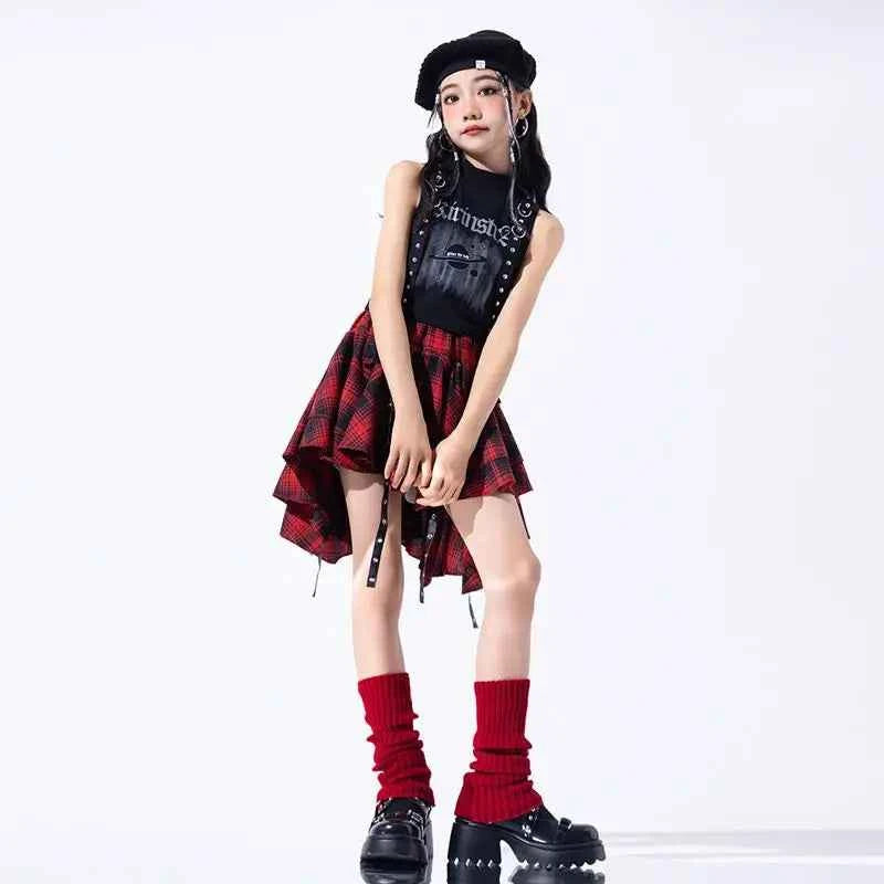 Hip Hop Girls Crop Top Plaid Street Dance Skirt Kids Ribbon Pleated Skirts Teens Jazz Cool Costumes Child Streetwear Clothes Set