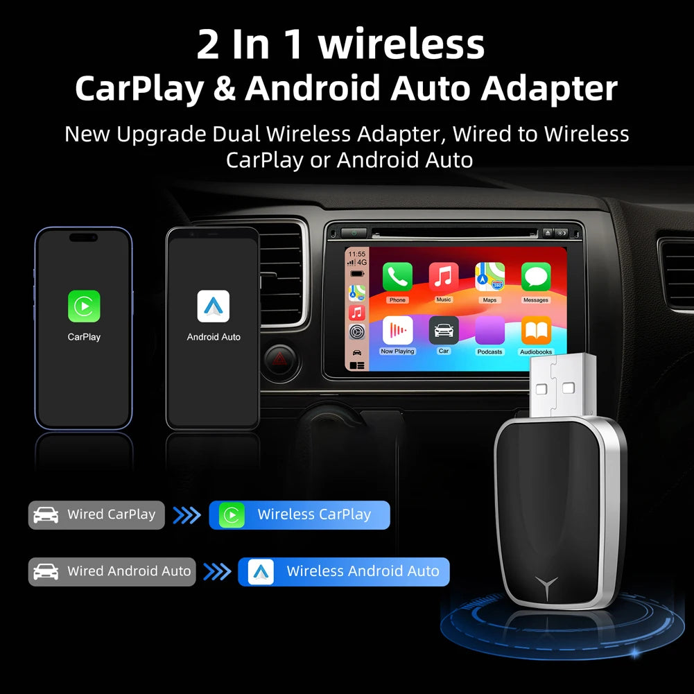 Wired To Wireless Carplay & Android Auto Mini Adapter Bluetooth-Compatible 5.0 WiFi for Cars with OEM Wired CarPlay Android Auto - AMULET RING STORE