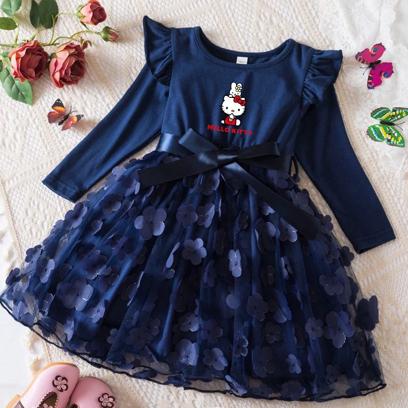 Hello Kitty Autumn Dress for Kid's Casual Clothes 3D Butterfly Cute Long Sleeve Baby Girls Princess Dress Party Dresses 2-6 Yrs