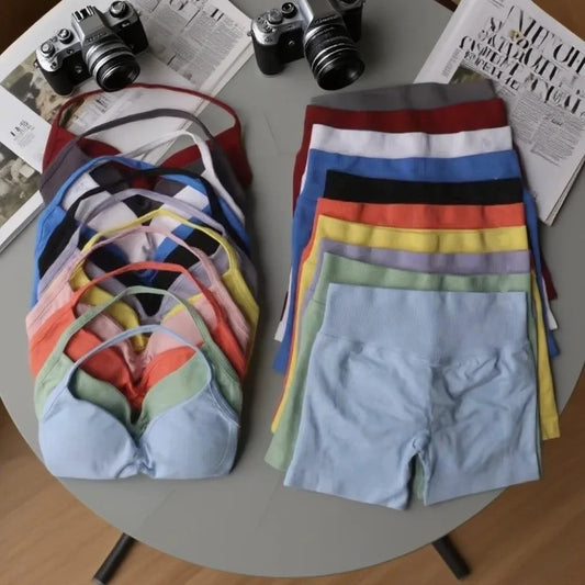 WHENG Gym Set 2 Piece Women Strappy Yoga Bra Top Workout Scrunch Shorts Sports Suit Fitness Clothes Seamless Yoga Set