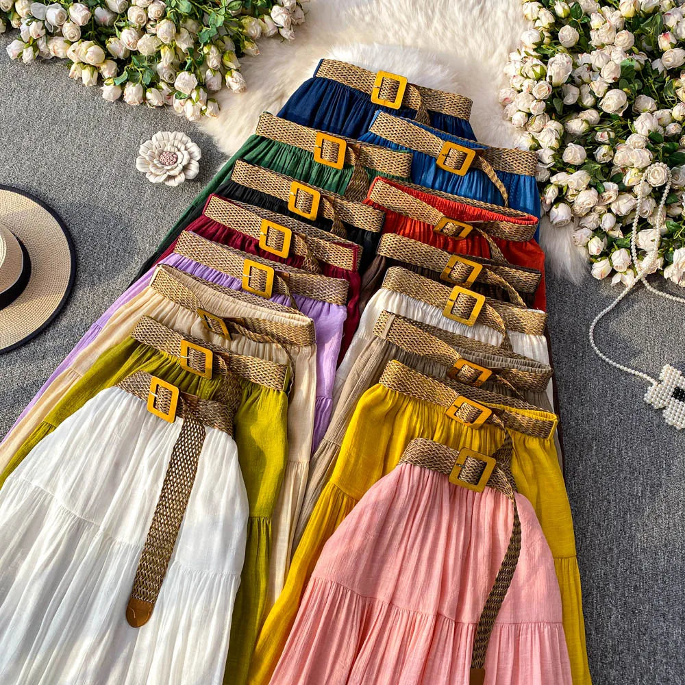 White High Waist A-Line Midi Skirt Women's Summer Casual Flared Cake Skirt Korean Sle Baking Poer Skirt for Young Women