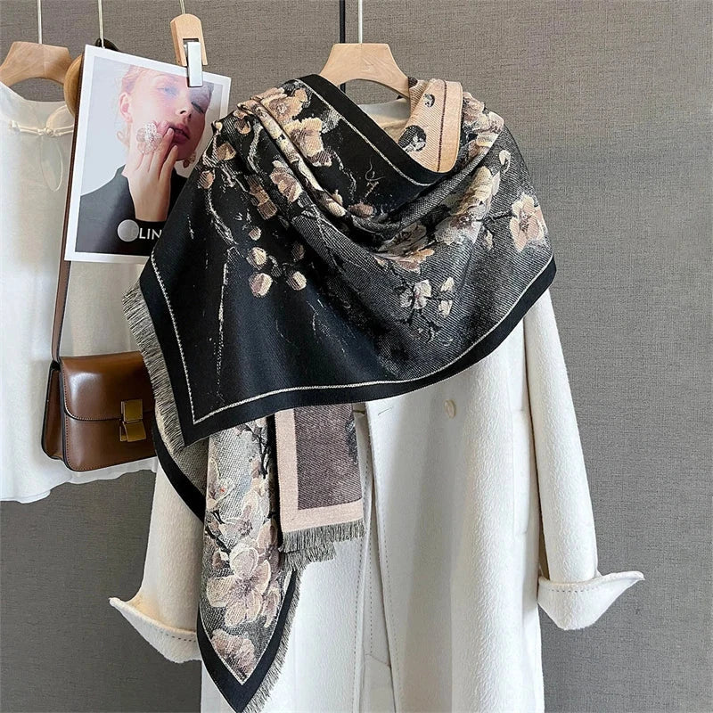 65*190cm Winter Warm Women Scarf Double-Sided Flower Faux Cashmere Scarves Luxury Wrap Shawls High-Quality Pashmina - AMULET RING STORE