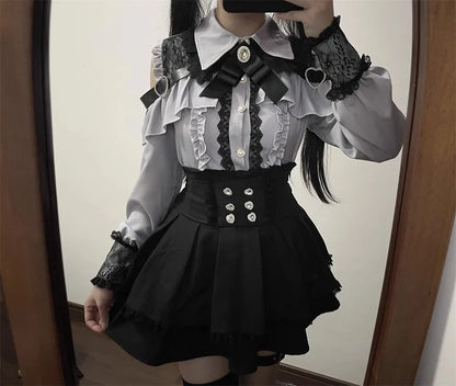 Sweet Gothic Lolita Two Piece Set, Off Shoulder Blouse + High Waist Skirt, Kawaii Tri-color Lace Coord Outfit for Women & Teens