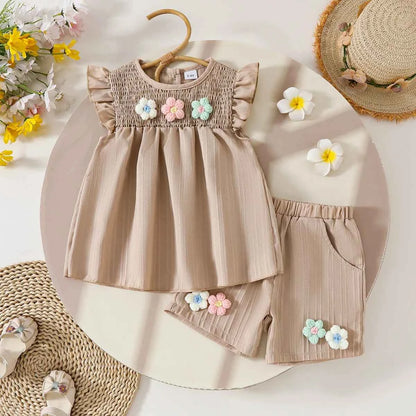 Baby Girls Summer Set Flowers Short Sleeved Top Bow Shorts Casual Toddler Clothes for Kids 1-4 Year