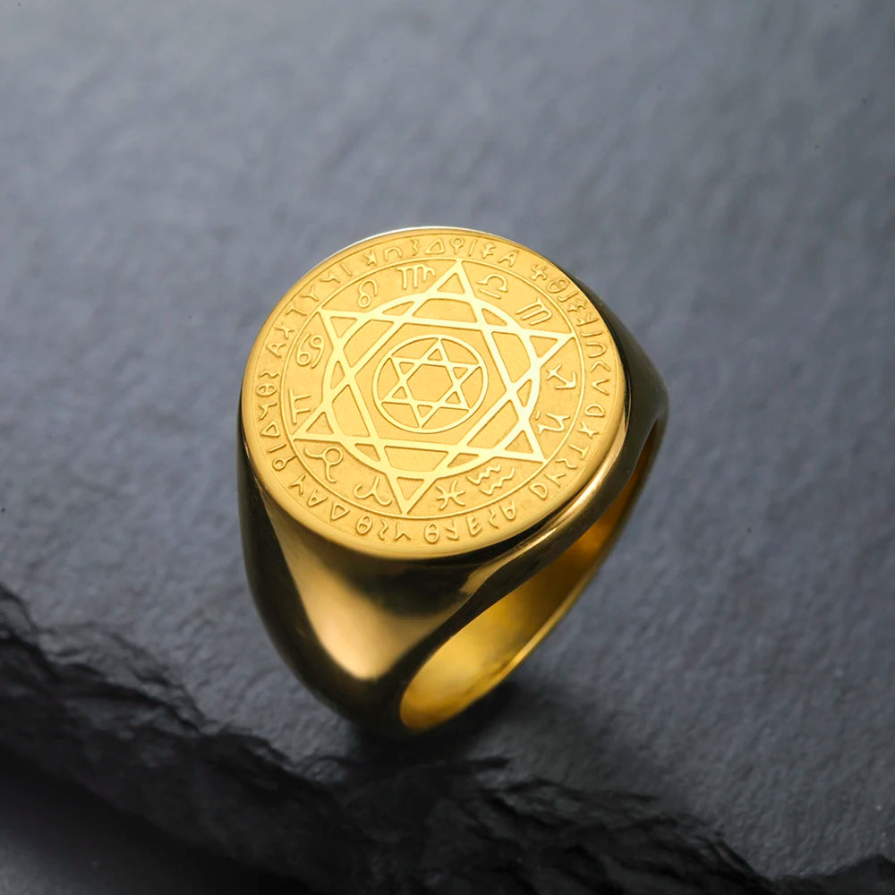 Dawapara Talisman Seal Solomon Ring Hexagram 12 Constellation Kabbalah Prosperity Good Health Amulet Stainless Steel Jewelry - AMULET RING STORE