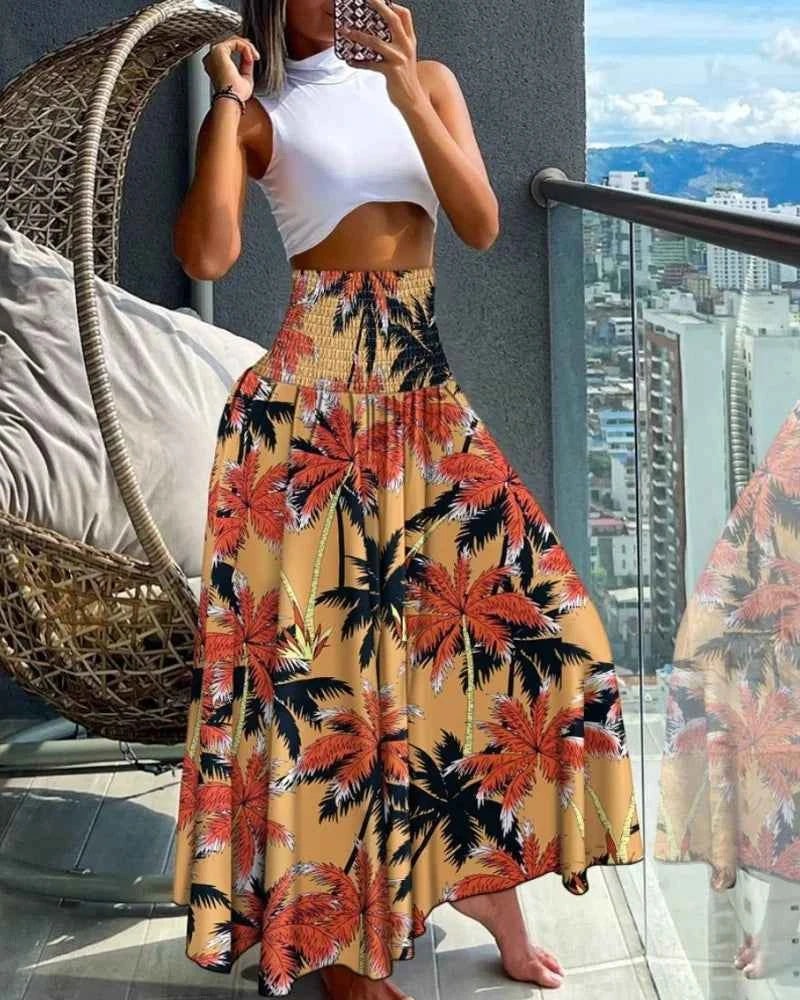 Fashion Cotton Women Floral Print Skirt Side Tie Beach Skirts Summer High Waist Wrap Flower Long Skirt