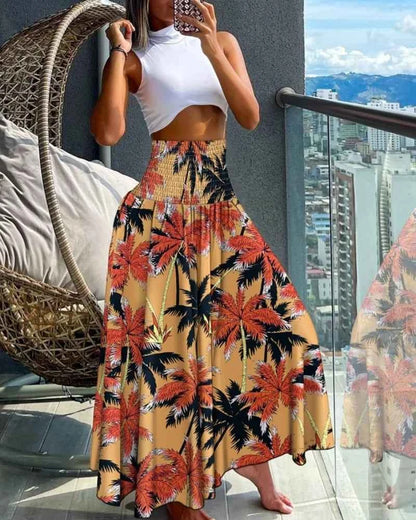 Fashion Cotton Women Floral Print Skirt Side Tie Beach Skirts Summer High Waist Wrap Flower Long Skirt