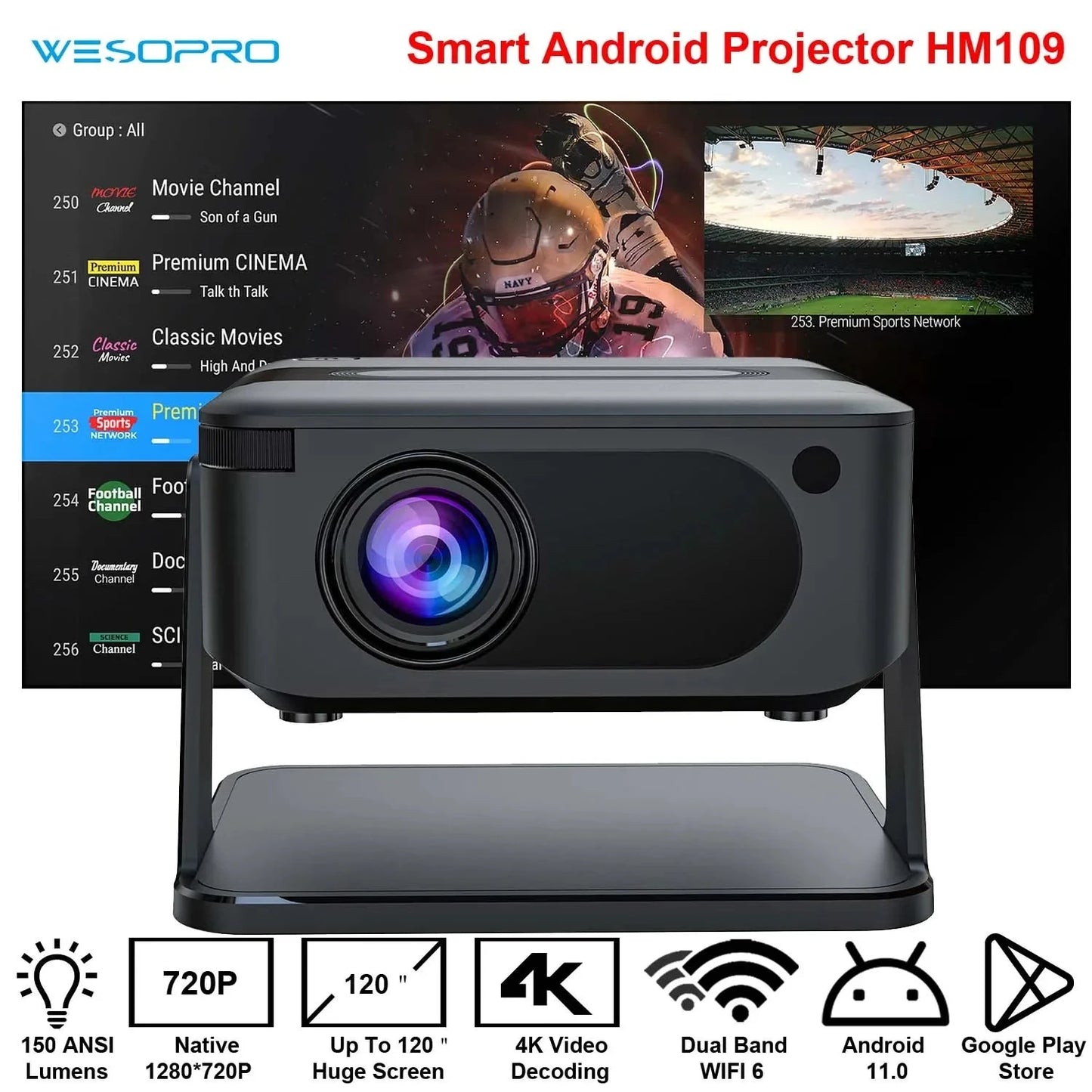 WESOPRO Mini Projector Smart 4K Portable with Wifi 6 Bluetooth 5.0 Android 11 Automatic Keystone for Home Theater Entertainment