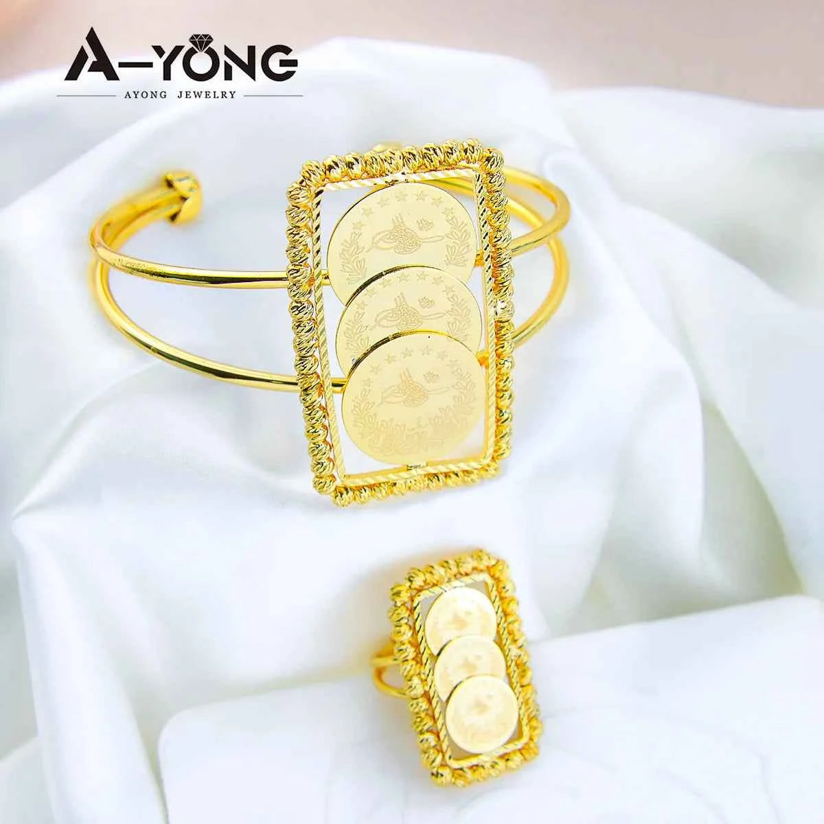 Luxury Turkish Coins Charm Jewelry Set 24k Gold Plated Kurdish Muslim Bridal Open Bangles Ring Middle Eastern Vintage Jewelrys