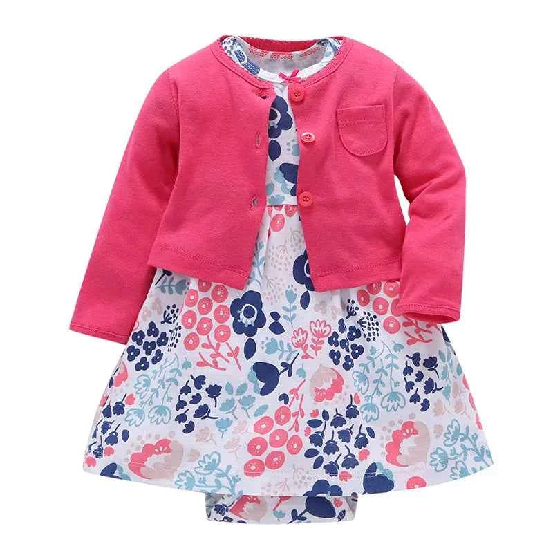 Infant Baby Girls Bodysuit Dress Cotton Floral Baby Girls Long-Sleeved Coat+Short SLeeve Dress 2Pieces Baby Girls Clothes sets