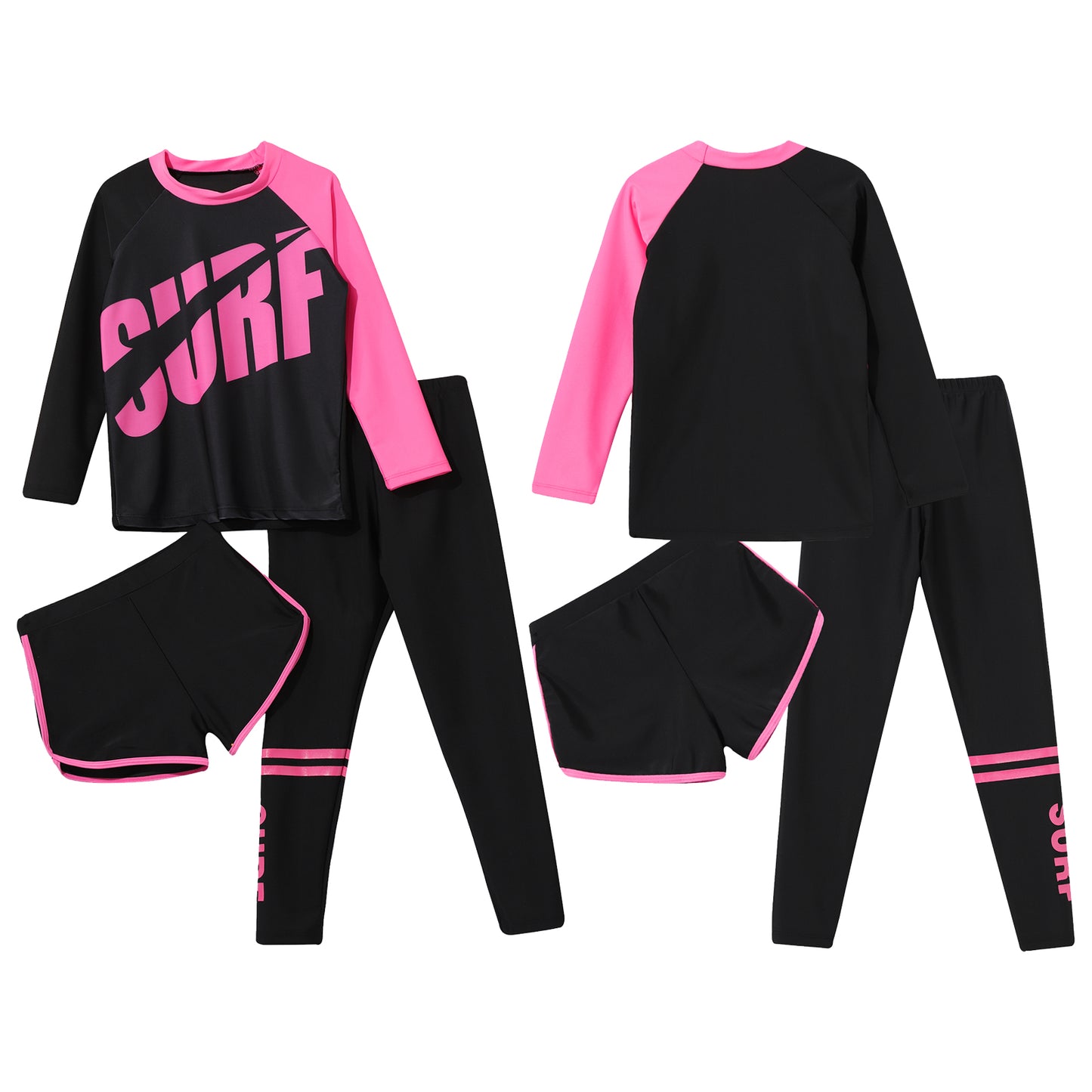 3Pcs Kids Girls Colorful Print Swimsuit Swimwear Long Sleeve Top+Shorts with Pants Set Sun Protection Rash Guard Swimming Outfit - AMULET RING STORE