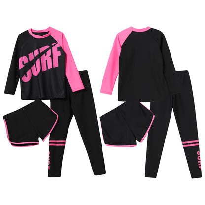 3Pcs Kids Girls Colorful Print Swimsuit Swimwear Long Sleeve Top+Shorts with Pants Set Sun Protection Rash Guard Swimming Outfit - AMULET RING STORE