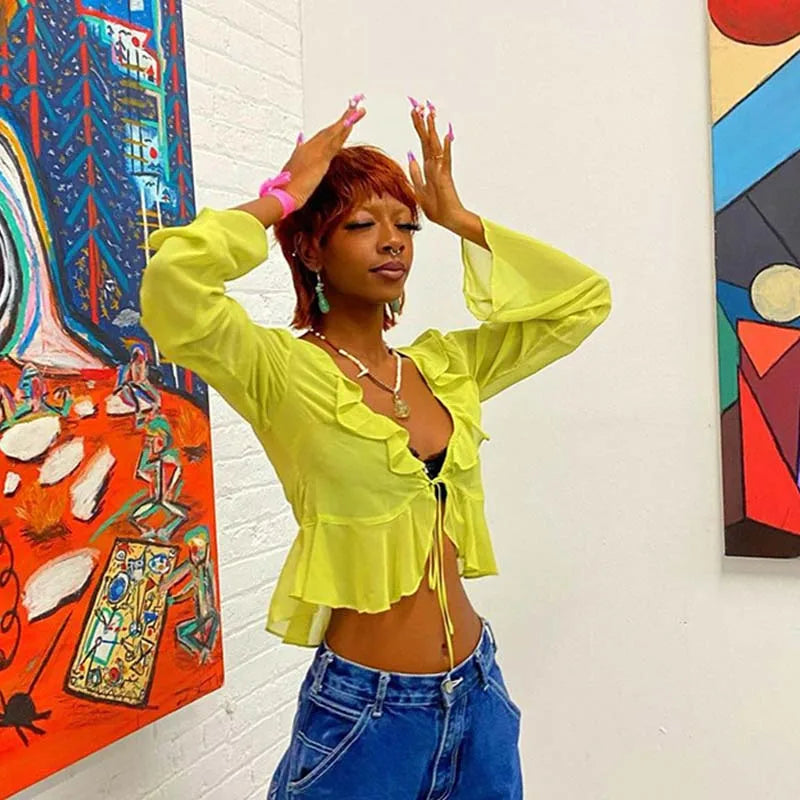 Vintage 90s Streetwear Ruffles Trim Green Chiffon T-shirts Y2K Fashion Sexy Deep V Lace Up Long Sleeve Tops Transparent - AMULET RING STORE