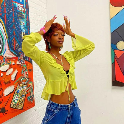 Vintage 90s Streetwear Ruffles Trim Green Chiffon T-shirts Y2K Fashion Sexy Deep V Lace Up Long Sleeve Tops Transparent - AMULET RING STORE