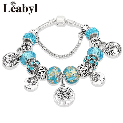 Antique Tibetan Silver Tree of Life Charm Bracelets Green Crystal Flower Bead Bracelet with Heart Diy Jewelry Pulsera Mujer