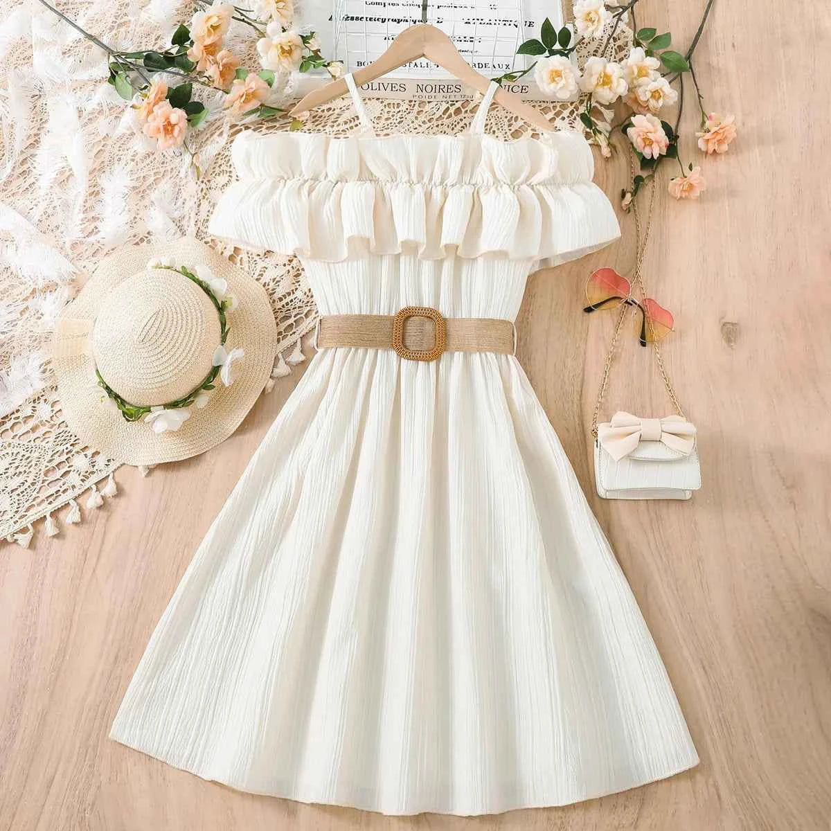 Girls Casual Dresses One-line Shoulder Strap Patchwork Lace Dress Kids Clothes Girls 8 To 12 Years Princess Dress for Girls