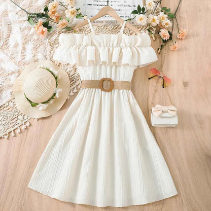 Girls Casual Dresses One-line Shoulder Strap Patchwork Lace Dress Kids Clothes Girls 8 To 12 Years Princess Dress for Girls