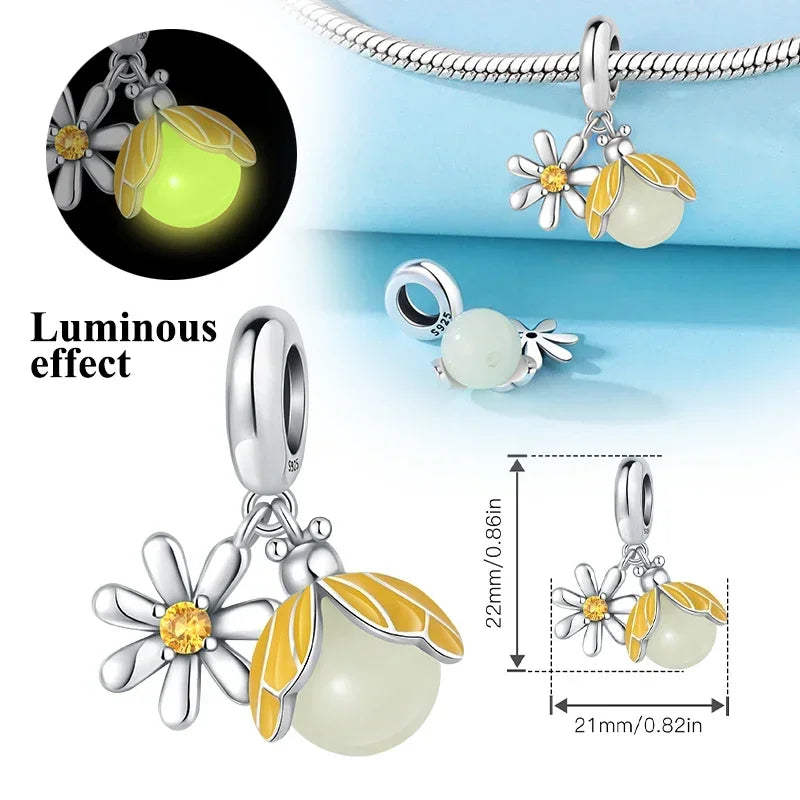 S925 Silver Glow-in-the-dark Firefly Charm Pendant Fit Original Charms Bracelet Gift Beads for Women Diy Fine Jewelry Gifts - AMULET RING STORE