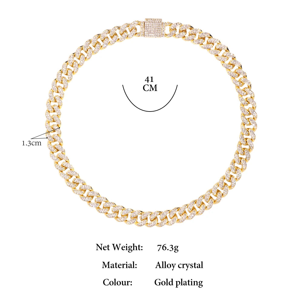 Iced Out Bling AAA Rhinestones Prong Cuban Link Chain Men's Necklace 2 Row Crystal Curb Cuban Chain Hip Hop Jewelry 13/14/20MM - AMULET RING STORE