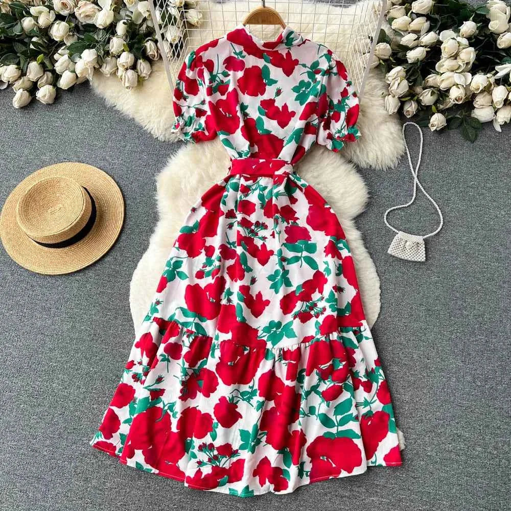 YuooMuoo Women Dress 2025 Summer Fashion Lady Elegant Vintage Floral Print Long Shirt Dress with Belt Vintage Party Robe Femme