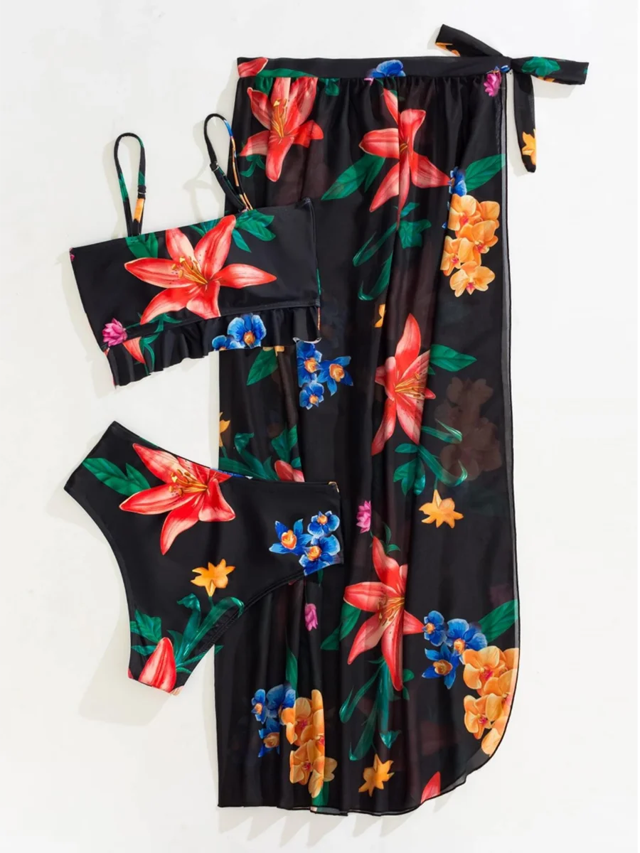 3 Pieces Floral Print Knot Front Bikinis 2025 Women Ruffle Swimwear Female High Waist Swimsuit With Beach Skirt Bathing Suit
