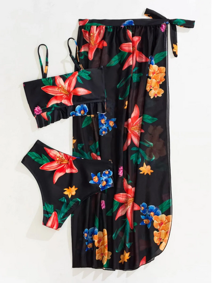 3 Pieces Floral Print Knot Front Bikinis 2025 Women Ruffle Swimwear Female High Waist Swimsuit With Beach Skirt Bathing Suit