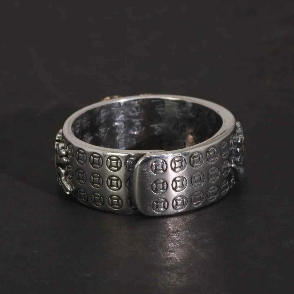 Vintage Pure Silver 999 Six Words Heart Sutra Ring Men's Adjustable Golden Pixiu Vajra Buddhist Religious Fine Jewelry