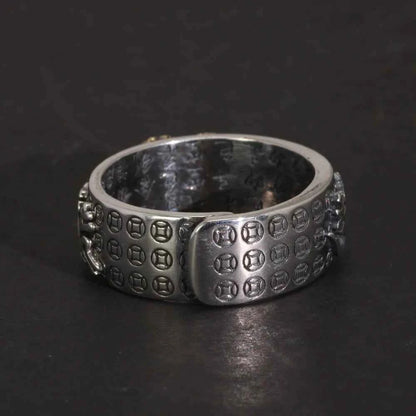 Vintage Pure Silver 999 Six Words Heart Sutra Ring Men's Adjustable Golden Pixiu Vajra Buddhist Religious Fine Jewelry