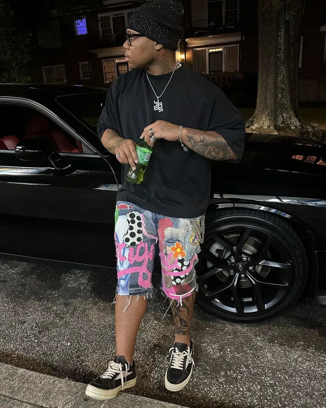 Gothic Punk Skull Letter Pattern Patchwork Shorts Men Y2k Streetwear Pants Hip Hop Fashion Denim Shorts Summer New Hot Sale - AMULET RING STORE