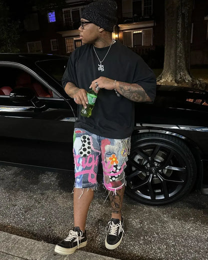 Gothic Punk Skull Letter Pattern Patchwork Shorts Men Y2k Streetwear Pants Hip Hop Fashion Denim Shorts Summer New Hot Sale - AMULET RING STORE