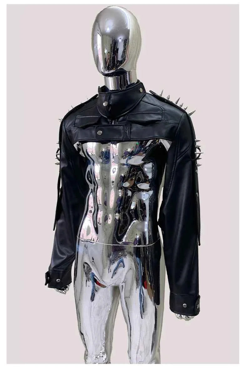 Mauroicardi Spring Autumn Cool Black Cropped Faux Leather Jacket Men Rivet Long Sleeve Zip Up Luxury Punk Style Emo Clothes 2025