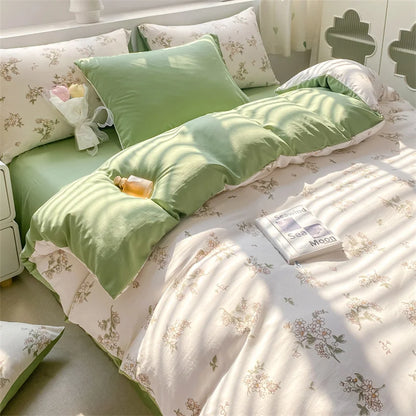 Korean Retro Floral Bedding Set 100% Washed Cotton Bed Sheets Set Soft Duvet Cover Bed Linen Pillowcase Single Double Queen King - AMULET RING STORE
