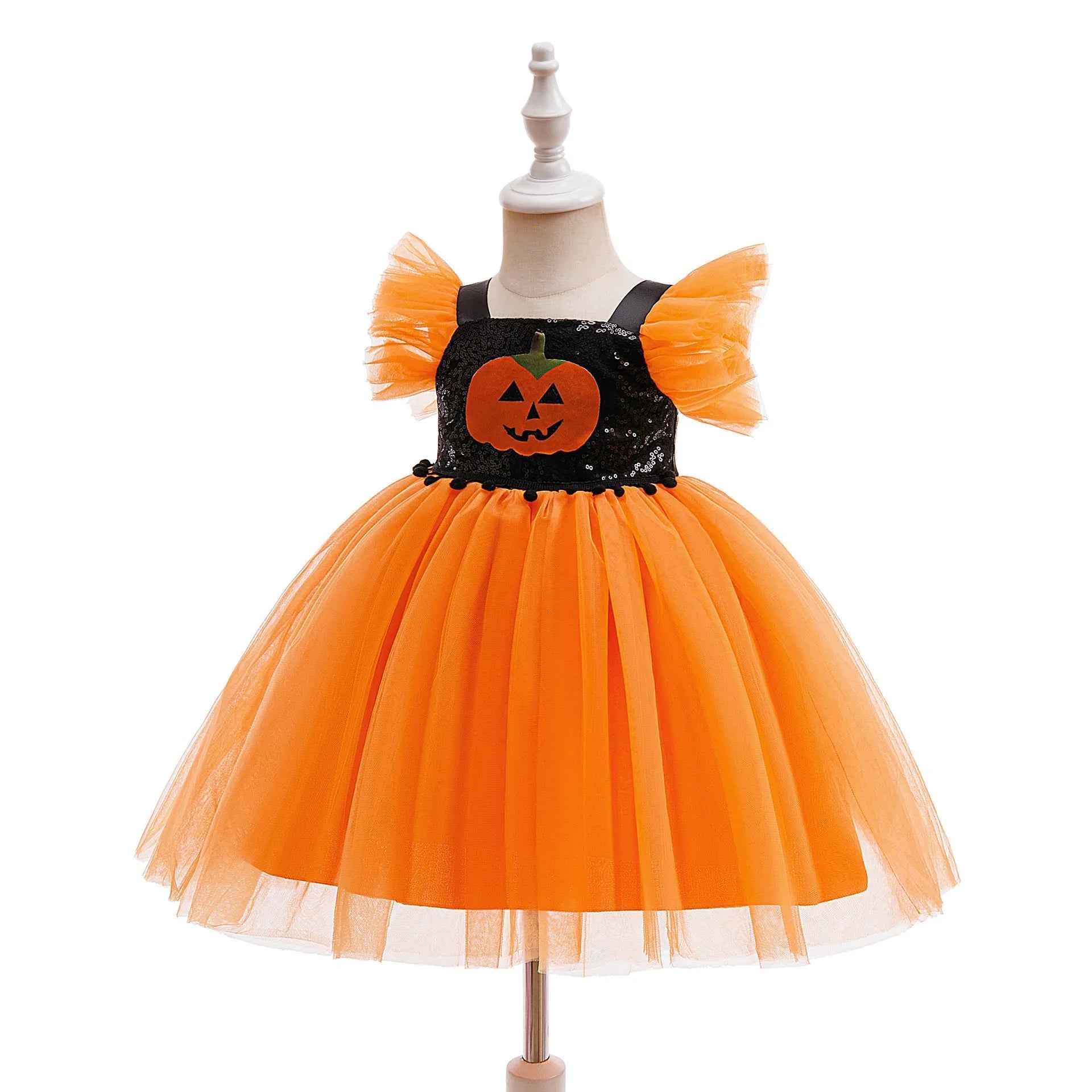 Baby Girl Halloween Costume 0-3 Yrs Little Girl Fantasy Dress Children Pumpkin Skeleton Print Fluffy Gown Kids Cute Orange Frock