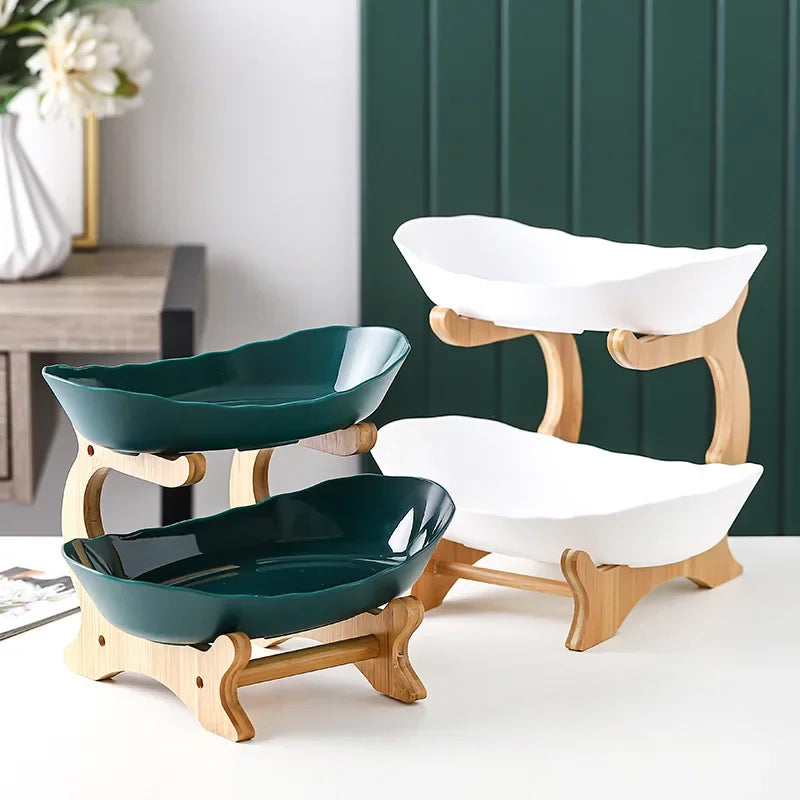 2/3 Layer Table Plates Dinnerware Wooden Kitchen Fruit Bowl with Floors Partitioned Dish Candy Cake Trays Fruit Plate Salad Bowl - AMULET RING STORE