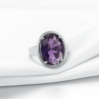 Women's S925 Silver Amethyst Ring - Exaggerated Egg Shaped Design