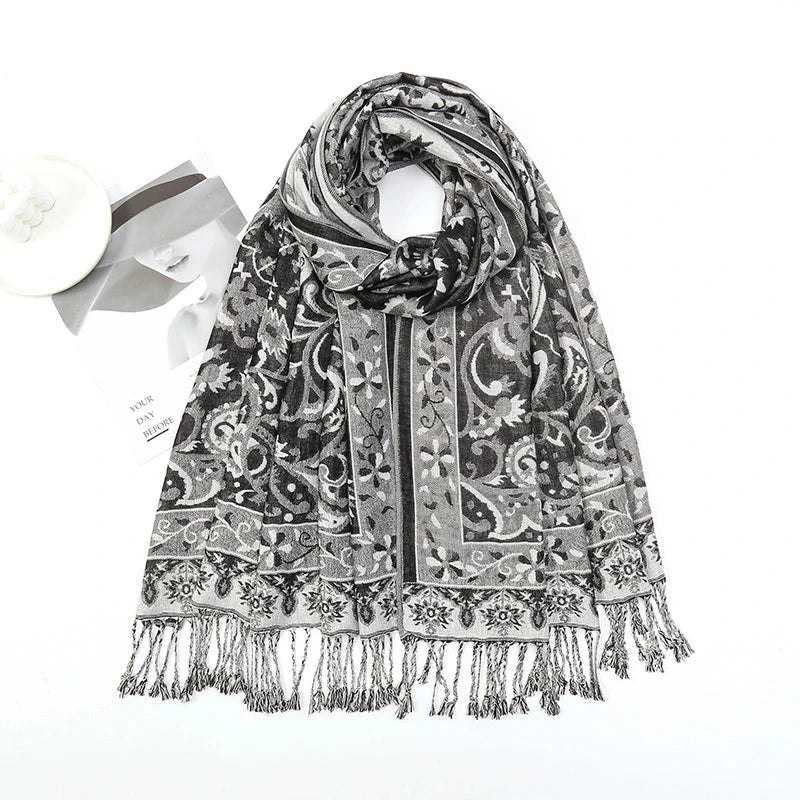 Luxury Pashimina Embroidery Muslim Hijab for Women Winter scarf Pareo Cape Warm Chunky Heaqdscarf Blue Lady Elegant Poncho - AMULET RING STORE