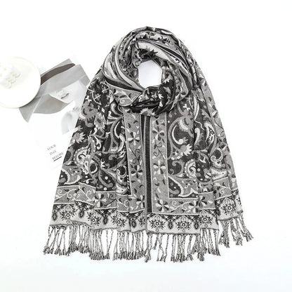 Luxury Pashimina Embroidery Muslim Hijab for Women Winter scarf Pareo Cape Warm Chunky Heaqdscarf Blue Lady Elegant Poncho - AMULET RING STORE