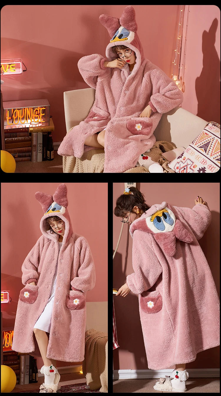 2024 Winter Pajamas For Women Cartoon Hooded Long Robe Strawberry Jacket Cute Home Wear Sleepwear Kawaii Flannel Warm Bathrobe - AMULET RING STORE